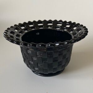 Vintage Fenton Bowl: Black, Basket Weave, Articulated Lace Rim, Embossed Berries